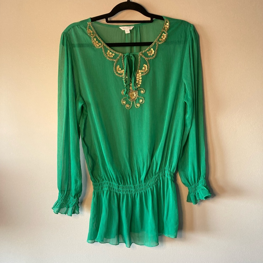 Harlow Zee Peasant Boho Sexy Sheer Green Gold Beaded M.